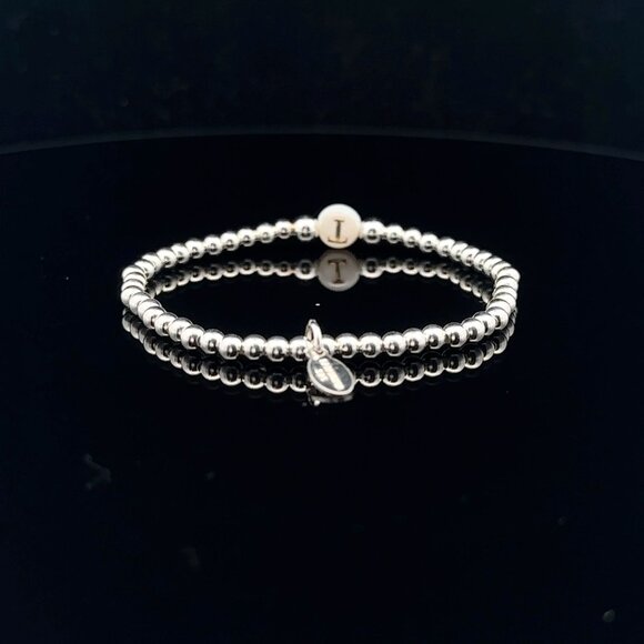 925 Sterling Silver Beaded Stretch Stacking Bracelet MOP Letter Initial T - Picture 4 of 6